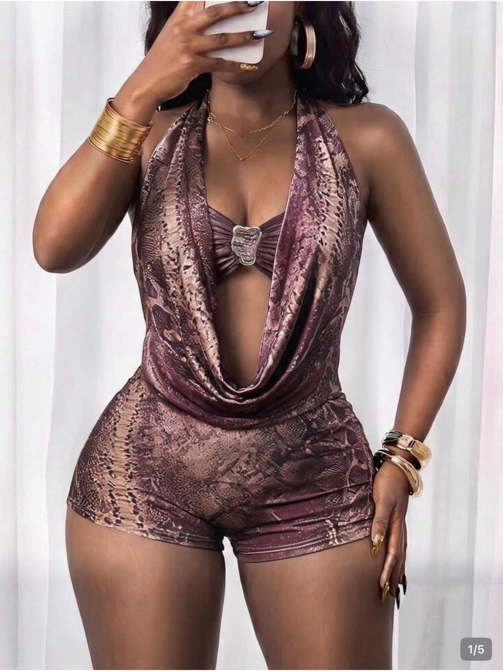 Snake Print Satin Halter Romper - Brown Beige